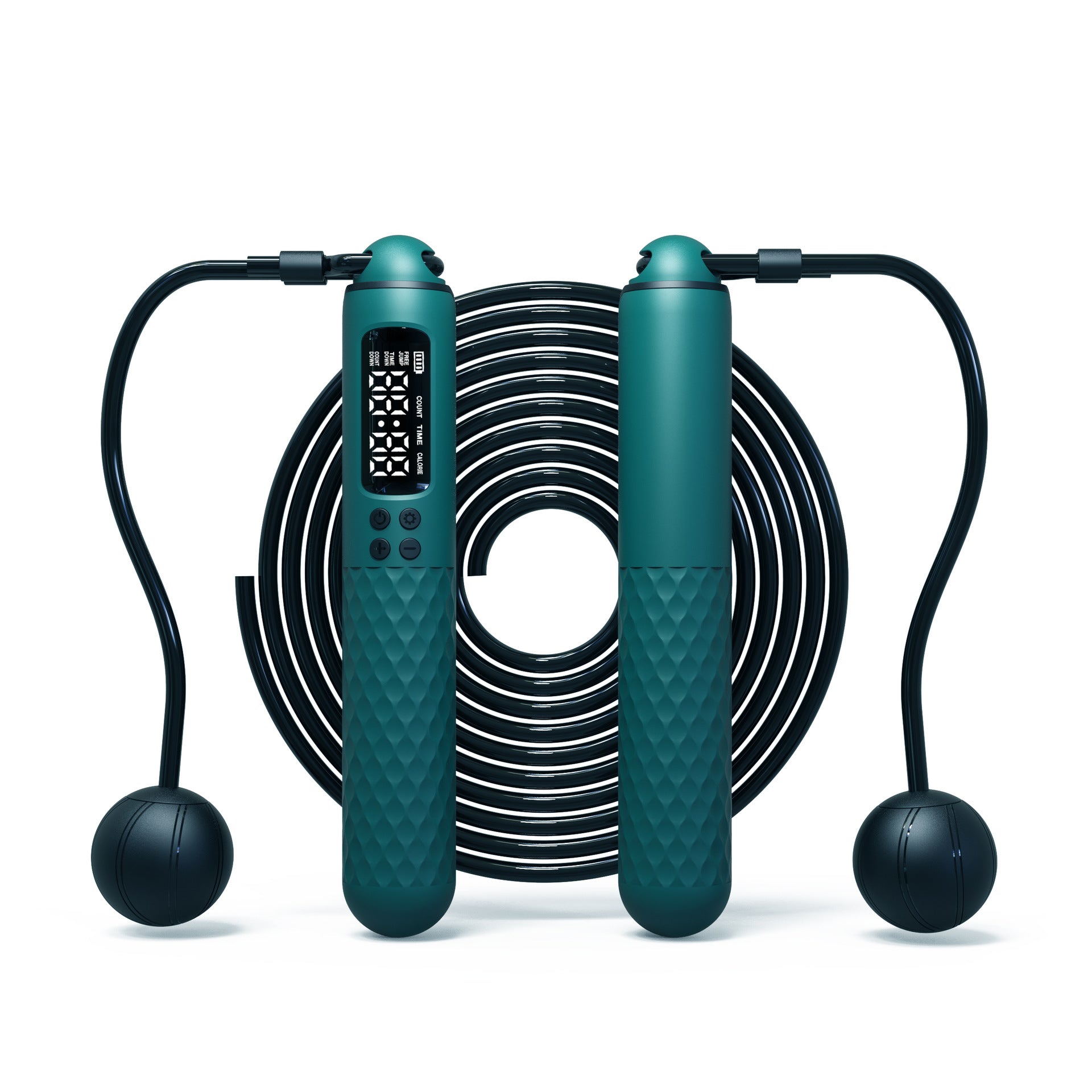 Teal digital jump rope with black handles on a white background