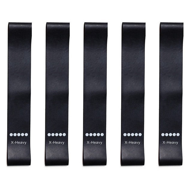 Five black adjustable resistance bands arranged vertically on a white background, each labeled 'X-Heavy' with five dots, and text below reads '5 black pieces'.