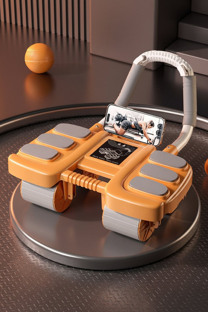 Orange and grey exercise device with smartphone on a brown surface