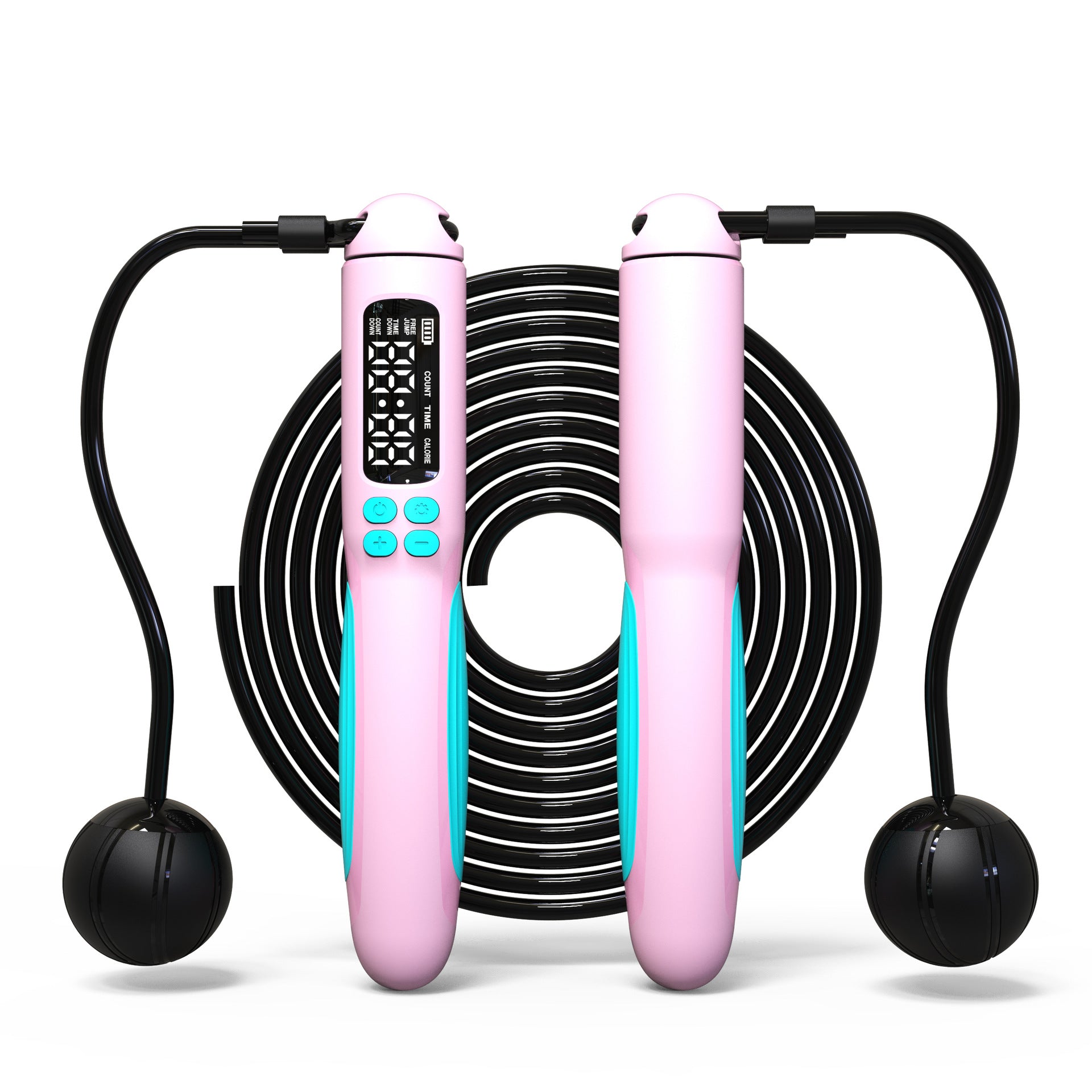 Pink digital jump rope with black handles on a white background