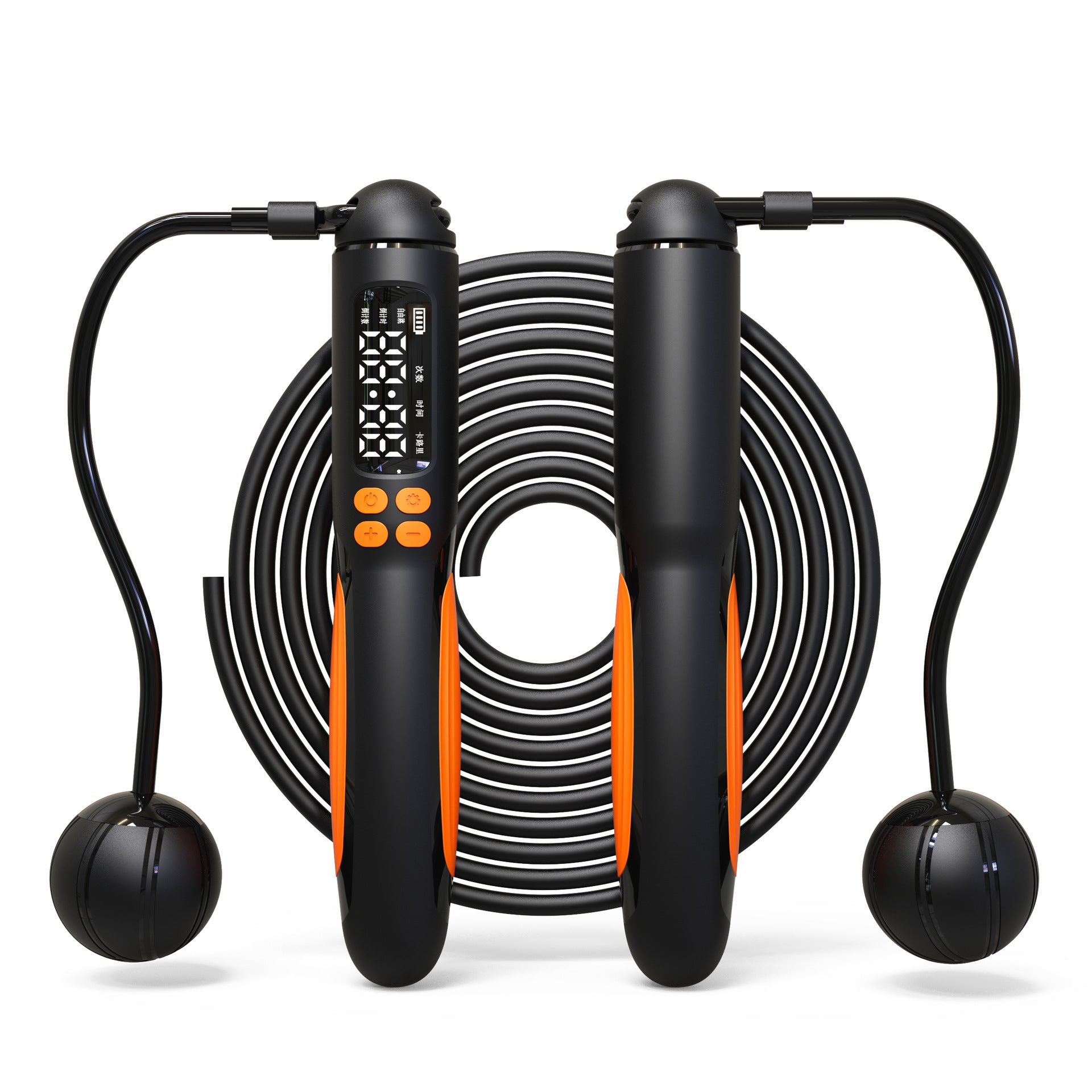 Digital jump rope with black and orange design on a white background