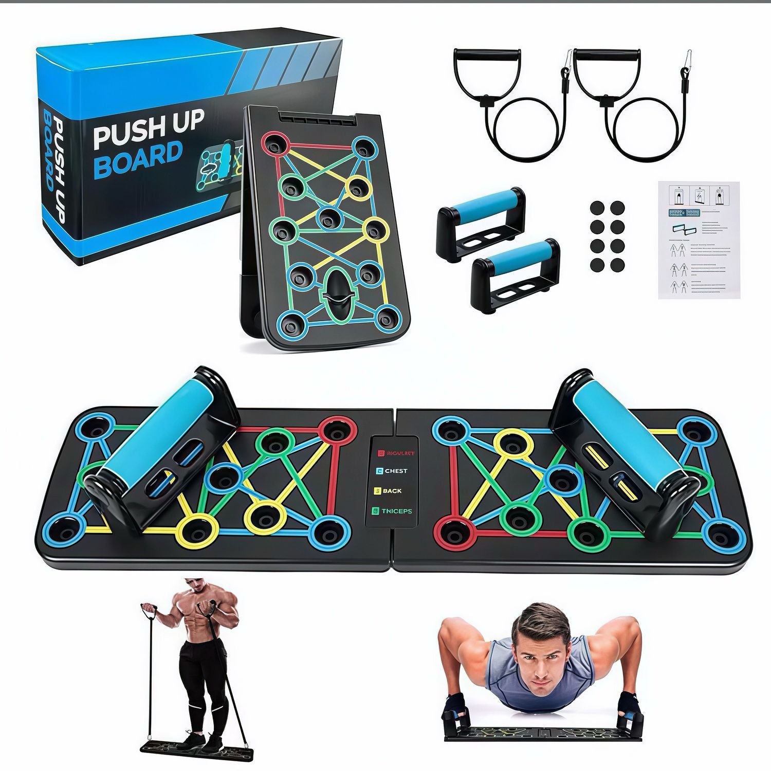 Push-up board with accessories and packaging on a white background