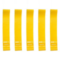 Five yellow resistance bands arranged vertically on a white background, with the text '5 yellow' below them.