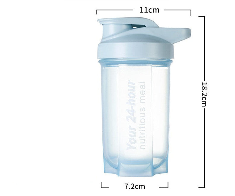A clear plastic shaker bottle with a light blue lid and matching blue trim, shown with dimension lines and labels indicating 11 cm width, 18.2 cm height, and 7.