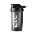 Black 500ml shaker bottle with dimensions labeled (11cm diameter, 18.2cm height, 7.