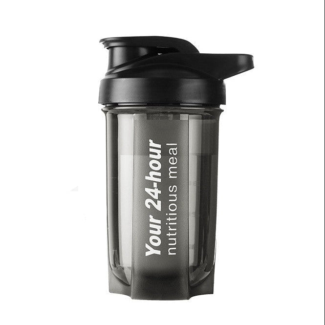 Black 500ml shaker bottle with dimensions labeled (11cm diameter, 18.2cm height, 7.