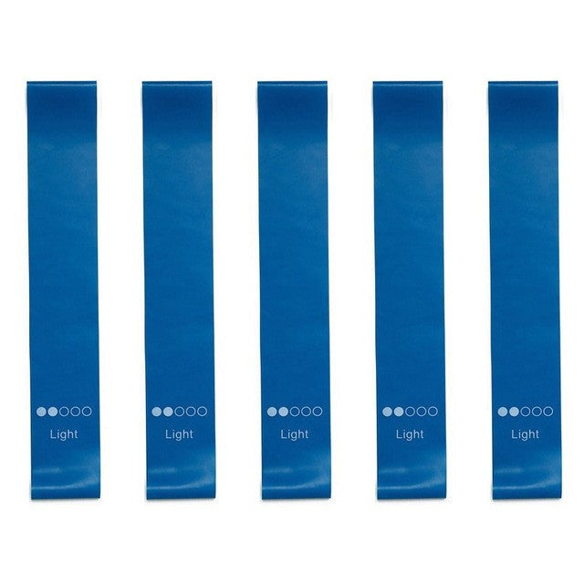 Five blue resistance bands labeled 'Light' are shown on a white background with the text '5 blue' below.
