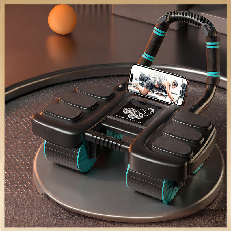 Black and teal exercise device with phone holder on a white background