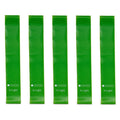 Five green resistance bands arranged vertically on a white background, with '5 green' printed below them. Each band has white printed markings including 'X-Light' and resistance level dots.