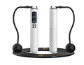 White digital jump rope with black handles on a white background
