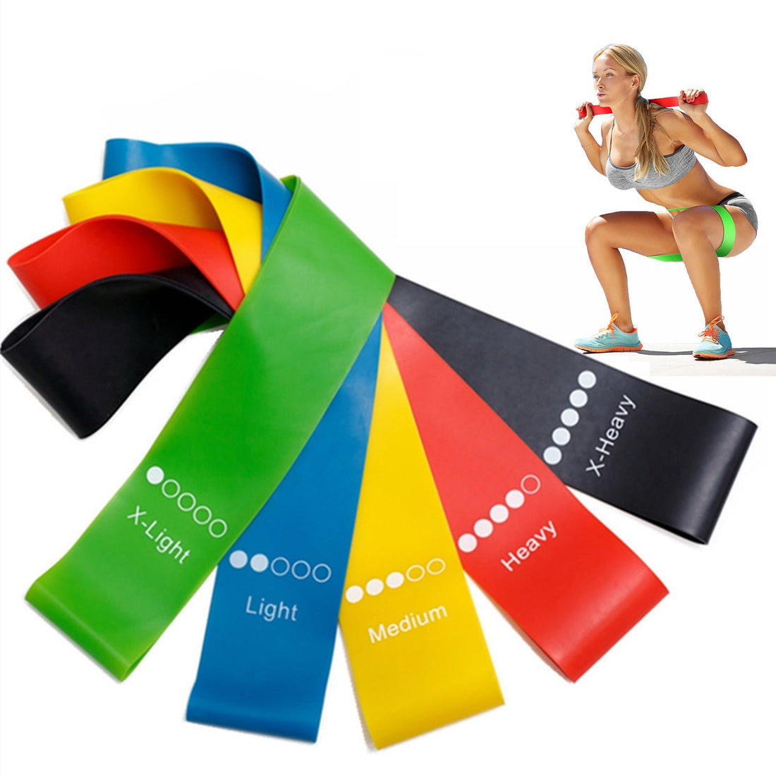 A set of five resistance bands in black, blue, yellow, red, and green, fanned out on a white background.