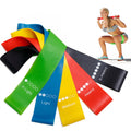 Set of resistance bands in various colors with labels for light, medium, and heavy resistance, and a woman exercising with them.