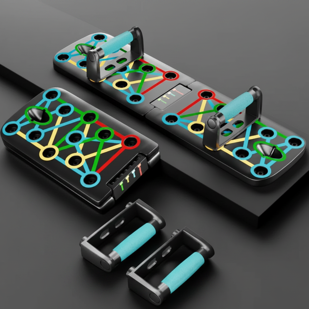 A foldable push-up board shown in two positions on a white surface, with colorful printed exercise path graphics across the metal surface. 