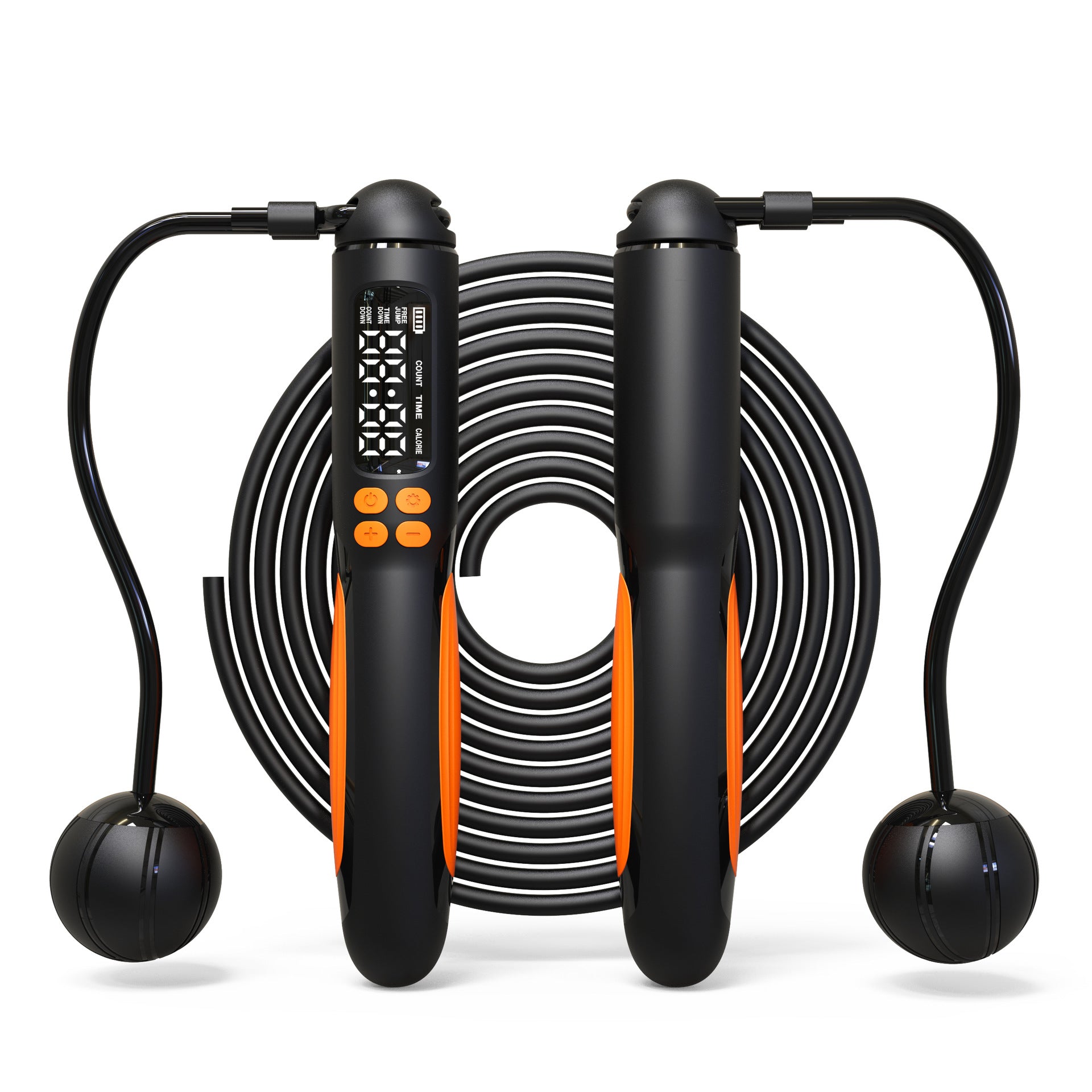 Digital jump rope with black and orange design on a white background