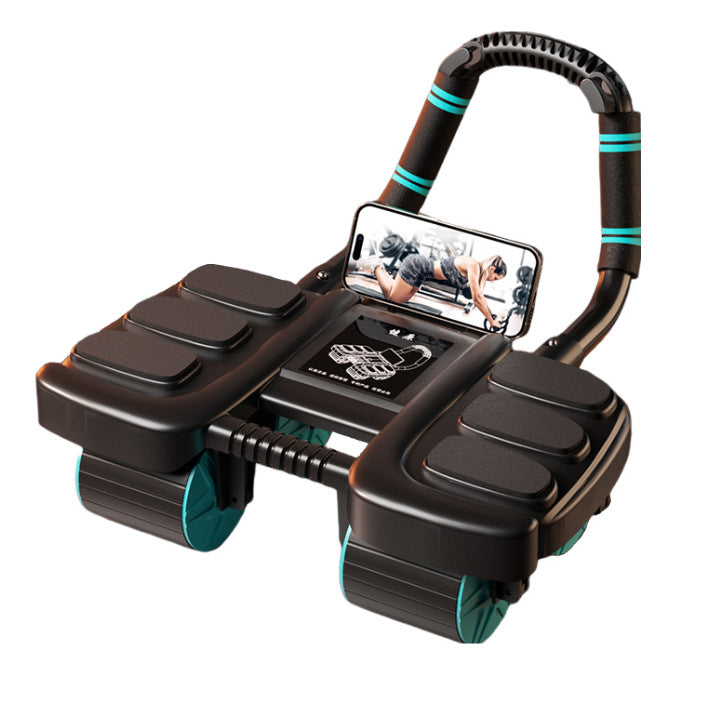 Black and teal exercise device with phone holder on a white background