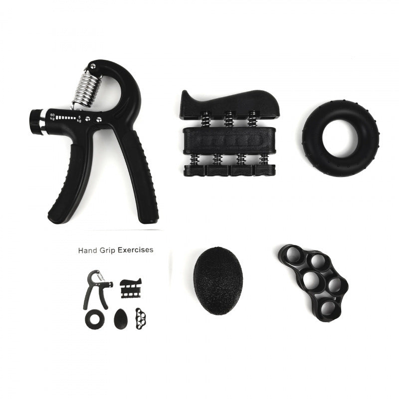 Collection of black hand grip exercises tools on a white background