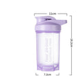 Purple protein shaker bottle with measurements and text on a white background