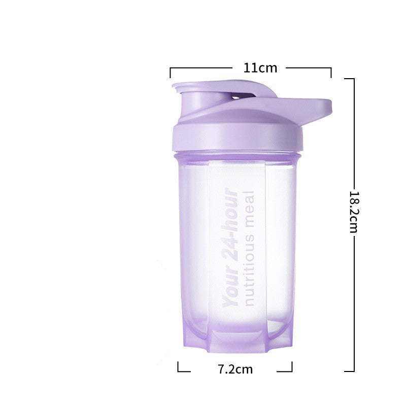 Purple protein shaker bottle with measurements and text on a white background