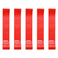 Five red resistance bands arranged vertically on a white background, each labeled 'Heavy' with five white resistance circles, and the text '5 red' below.