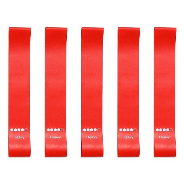 Five red resistance bands arranged vertically on a white background, each labeled 'Heavy' with five white resistance circles, and the text '5 red' below.