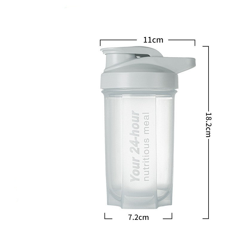 A clear plastic shaker bottle with a gray lid, shown with dimension labels (11cm top, 7.2cm bottom, 18.